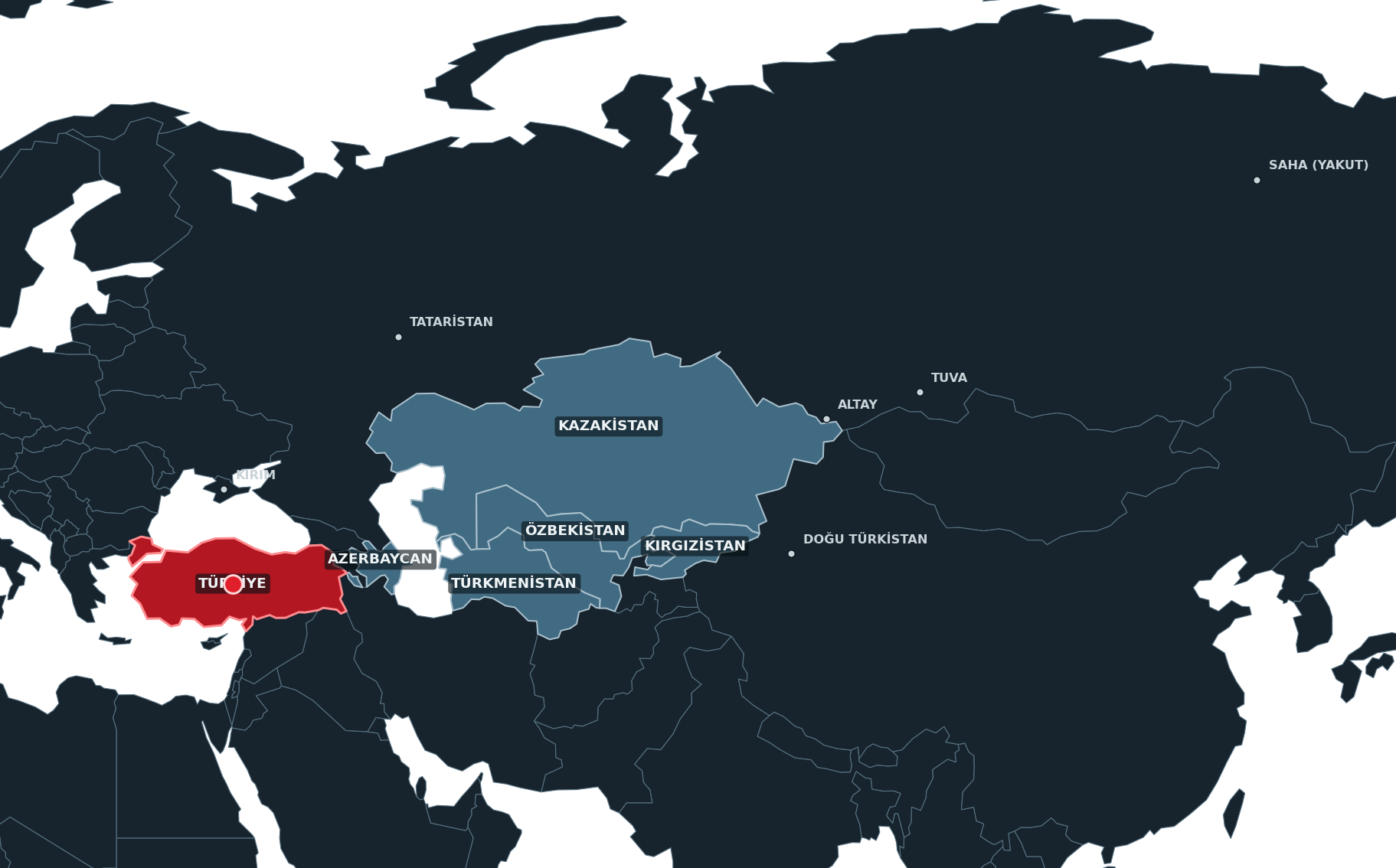 Türkiye, Azerbaycan, Kazakistan, Kırgızistan, Türkmenistan, Özbekistan ve Türk dünyasındaki bazı kültürel bölgeleri gösteren tematik Turan coğrafyası haritası